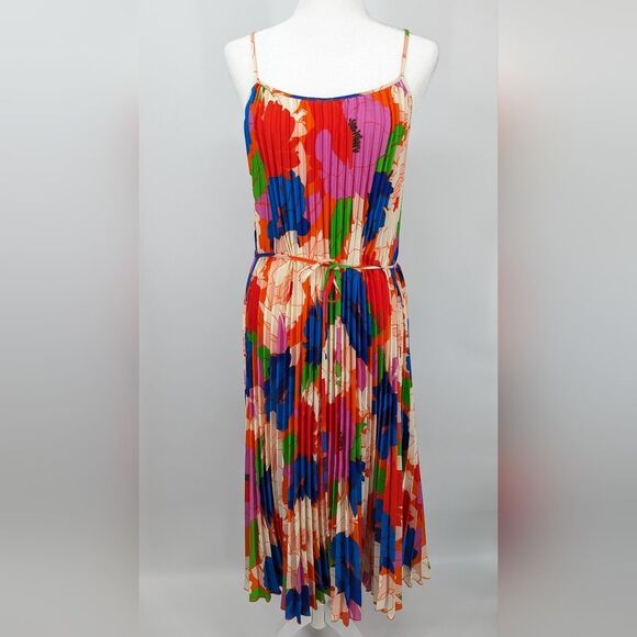Sam Edelman Retro Multicolor Floral Plisse Sleeveless Midi Dress XL NWT - Picture 1 of 11